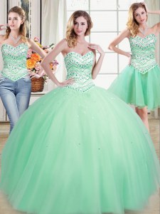 Los vestidos de bola verdes de manzana de tres pedazos que rebordean el vestido del quinceanera del dulce 16 atan para arriba la longitud sin mangas del piso de Tulle