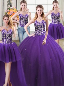 Vestidos de bola de la longitud del piso de cuatro piezas vestidos de quinceañera púrpuras sin mangas para arriba