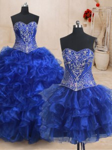 El azul real de tres pedazos espectacular ata para arriba el vestido del cumpleaños 15 que rebordea y ruffles sin mangas con el tren del cepillo