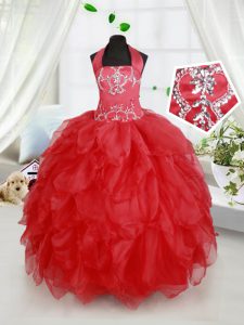 Organza sin mangas roja halter top dramático ata para arriba el vestido del desfile del niño para el quinceanera y la banquete de boda