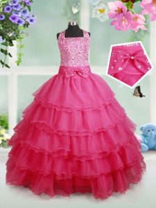 Vestidos de bola con volantes vestido de desfile de niña vestido de gasa rosa caliente top sin mangas de la longitud del piso de organza cremallera