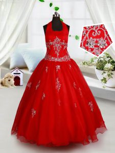 Vestido de quinceañera rojo elegante de la desfile de la niña y banquete de boda y para con el rebordear y los appliques halter top sin mangas ata para arriba