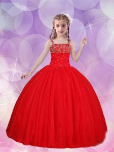 Las correas de moda tul rojo atan para arriba el vestido del desfile del niño longitud sin mangas del piso que rebordea
