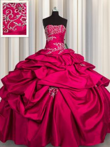 Los vestidos de bola hermosos del color de rosa caliente longitud sin mangas sin tirantes del piso del tafetán atan para arriba los appliques y los vestidos quinceanera de las selecciones