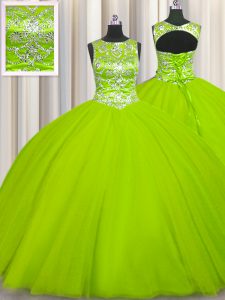 Cucharada de los vestidos de bola verde amarillo rebordear dulce 16 vestido de quinceañera hasta la longitud del piso de tul sin mangas