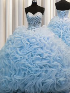 Los vestidos de bola del tren del cepillo visten el vestido de baile del baile de fin de curso la tela del amor de bebé azules con el balanceo florece el cordón sin mangas para arriba