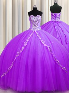 Los vestidos de bola púrpuras románticos sin mangas del amor de Tulle rebordean atan para arriba los vestidos de quinceanera barren el tren