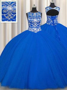 Edgy cuello de azul royal sin mangas rebordear piso dulce longitud 16 vestido