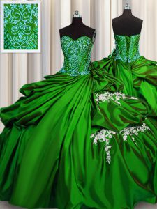 Personalizado de diseño sin mangas de membrillo de membrillo de los vestidos de bola longitud del piso perlas y apliques verde tafetán