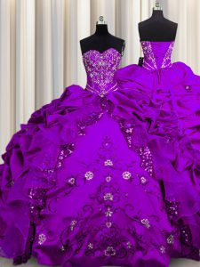 Lentejuelas longitud del piso sin mangas perlas y bordados y volantes de encaje dulce 16 vestido con púrpura