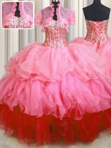 Fancy deshuesar visibles bling-bling rosa rosa vestido de baile rebordear y capas con volantes vestido de fiesta de baile vestido de encaje hasta organza longitud sin mangas de piso