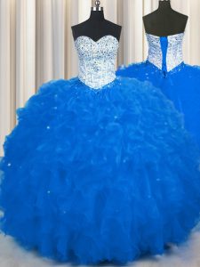 El azul real conveniente ata para arriba el amor que rebordea y riza el vestido de quinceanera del dulce 16 sin mangas