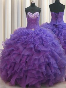 Rebordeó los vestidos de bola del longitud del piso del busto vestido sin mangas del quinceanera de la púrpura atan para arriba