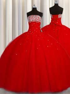 La falda hinchada los vestidos de bola rojos longitud sin mangas sin tirantes del piso del organza atan para arriba el rebordear y el vestido del baile de fin de curso del vestido de bola de las lentejuelas