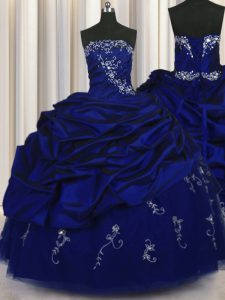 Los vestidos de la bola del azul real longitud sin mangas sin tirantes del piso del tafetán atan para arriba el rebordear y el bordado y recogen los dulces 16 vestidos