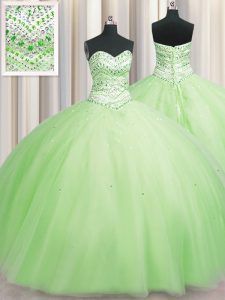 Top venta bling-bling grandes vestidos de baile inflados 15 vestido quinceanera amarillo verde tulle longitud de piso sin mangas hasta encaje