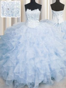 Falda sin mangas con forma de festón ruffles longitud hasta el vestido de baile vestido de fiesta con azul claro