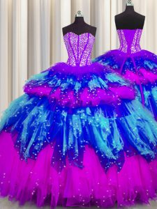 Bling-bling deshuesado visibles sin mangas encaje hasta dulce 16 vestidos multicolores de tul
