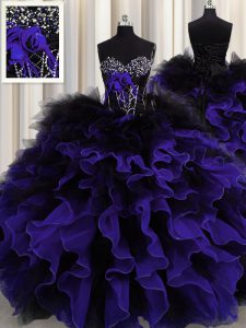 El neckline sin mangas del cordón del negro y de la púrpura accesorio que rebordea y riza el vestido sin mangas del vestido de la quinceañera para arriba