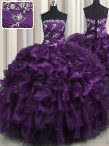 Organza púrpura ata hasta longitud sin mangas sin tirantes del piso dulce 16 vestido del quinceanera appliques y volantes y capas arrugadas