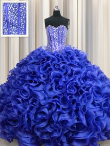 Visibles deshuesado amor sin mangas encajes hasta dulce 16 vestidos de organza azul real