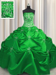 Los vestidos de bola verdes tafetán sin mangas sin mangas rebordear y apliques y la longitud del piso de bordado ata hasta el vestido de cumpleaños 15
