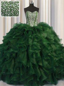 Tradicional deshuesar visibles bling-bling organza amor sin mangas tren cepillo hasta perlas dulce 16 vestido en verde