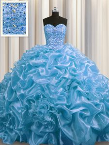 El mejor organza del azul del bebé atan para arriba el vestido del 15to cumpleaños sin mangas de la longitud del piso tren de la corte que rebordea y recoge