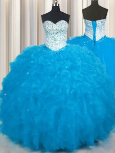 Los vestidos de bola azules del bebé de la vendimia que rebordean y ruffles el vestido del baile de fin de curso del vestido de bola atan para arriba la longitud sin mangas del piso de Tulle