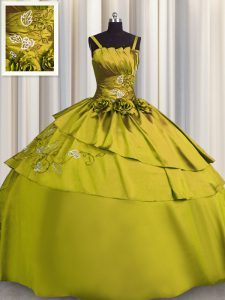 El satén verde oliva atan para arriba las correas de espagueti longitud sin mangas del piso dulce 16 vestido del quinceanera que rebordea y borda