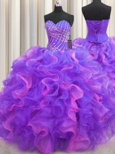 Vestido sin mangas fabuloso del décimo quinto del vestido del cumpleaños alto bajo que rebordea y colmillos organza multi-color