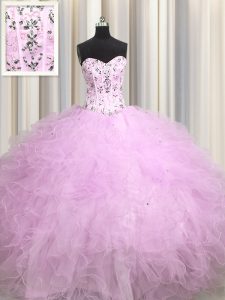 La venta superior que viste el amor sin mangas del cordón sin mangas ata para arriba el vestido de cumpleaños 15 Tulle de la lila