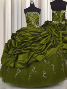 Pick ups longitud del piso del bordado verde oliva vestido de quinceañera sin tirantes sin mangas encaje hasta