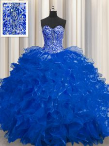 Vea a través del amor azul real atan para arriba el rebordear y el vestido del baile de fin de curso del vestido de bola de las colmenas sin mangas
