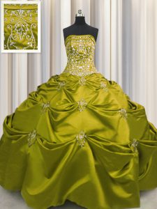 Flare bordado strapless sin mangas encaje hasta dulce 16 vestido de quinceañera verde oliva tafetán