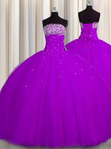 De lujo púrpura realmente puffy ata para arriba el vestido del quinceanera que rebordea y longitud sin mangas del piso de los cequis