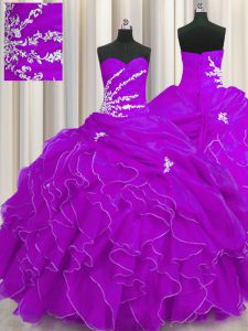 Los vestidos de bola púrpuras grandes rebordean la longitud sin mangas del piso del organza atan para arriba el rebordear y los appliques y las colmenas 16 vestidos dulces