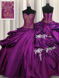 Personalizado de encaje púrpura hasta el amor rebordear y apliques vestido de quinceañera tafetán sin mangas