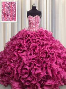 Los vestidos visibles visibles del vestido del dulce 16 del color de rosa caliente de los vestidos de bola de la longitud del suelo que cautivan atan para arriba