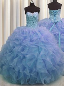 El cordón sin mangas del organza del diseñador ata para arriba el rebordear y el vestido del quinceanera de las colmenas en azul