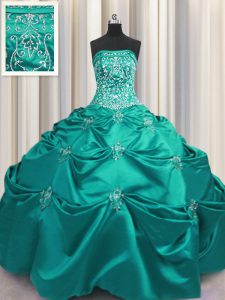 Tafetán de color verde oscuro encaje hasta 15 vestido de quinceañera sin mangas de longitud del piso perlas y apliques y bordados