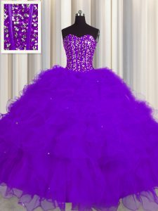 Fabuloso visibles deshuesado púrpura sin mangas rebordear y volantes y lentejuelas piso longitud quince bola vestidos