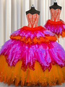 De lujo de tres piezas visible deshuesado multicolor cariño escote rebordear vestidos de quinceañera sin mangas hasta encaje