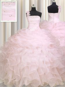 Vestido del baile de fin de curso del vestido de bola de la cremallera del color de rosa del bebé del hombro del precio bajo que rebordea y riffs longitud sin mangas del piso