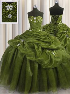 Sin mangas de longitud del piso perlas y apliques y pick ups hasta encaje dulce 16 vestidos con verde oliva
