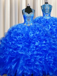 Cremallera encantadora ver a través de la espalda azul royal azul vestido de fiesta sin tirantes de organza con tren de barrido tren cremallera rebordear y volantes vestido de fiesta vestido de fiesta