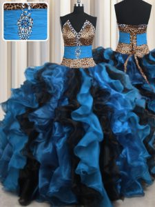 Leopardo de dos tonos azul y negro vestido de fiesta de organza e impreso cuello en V sin mangas rebordear y volantes longitud del piso hasta el vestido de quinceanera