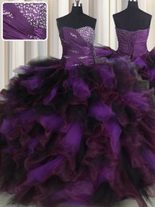Púrpura ata para arriba el amor rebordear y las colmenas y las capas arrugadas dulce 16 vestidos organza y tul sin mangas