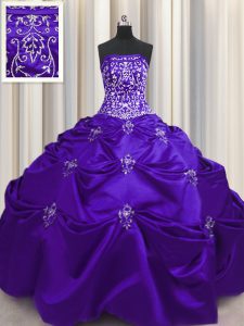 Brillante rebordear y apliques y bordados dulce 16 vestido de quinceañera púrpura hasta la longitud del piso sin mangas