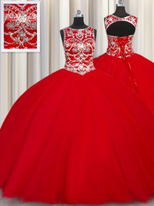 Cuello longitud sin mangas del piso de Tulle ata para arriba vestidos de quinceanera en rojo con el rebordear